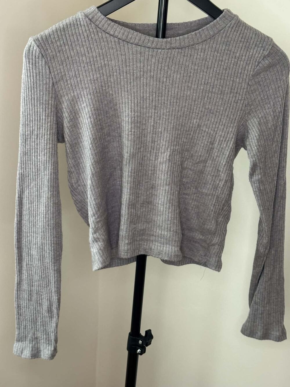 IRIS Gray Ribbed Long Sleeve Crop Top Large